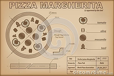 Pizza Margherita ingredients draw scheme Vector Illustration
