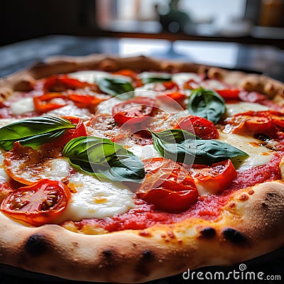 Pizza Margherita with mozzarella cheese, tomatoes and basil. Stock Photo