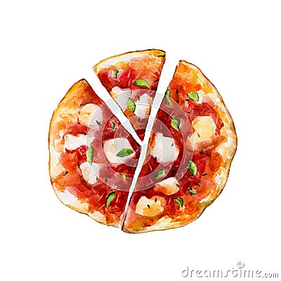 Pizza with melted mozzarella cheese and basil, watercolor illustration Cartoon Illustration