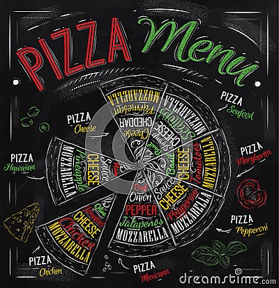 Pizza menu drawing with color chalk. Vector Illustration