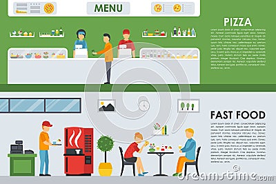 Pizza Menu and Fast Food flat concept web vector illustration. Pizzeria Bistro interior presentation. Vector Illustration