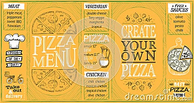 Pizza menu lists set, create your own pizza, pizza of the day, discounts Vector Illustration