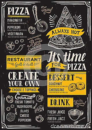 Pizza menu restaurant, food template. Vector Illustration