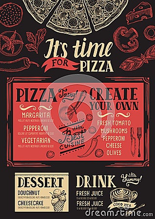 Pizza menu restaurant, food template. Vector Illustration