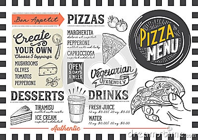 Pizza menu restaurant, food template. Vector Illustration