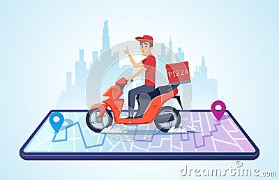 Pizza motorbike delivery. Urban landscape with food courier driving bike fast delivery vector concept Vector Illustration