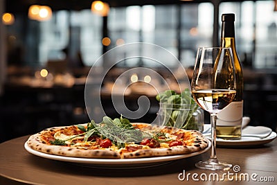 Pizza with mozzarella cheese, tomatoes and basil on a wooden table. Stock Photo