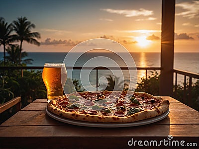 A pizza and mug of beer served on a balcony with ocean beach sunset view. Ideal for food, dining, and sunset relaxation concepts Stock Photo