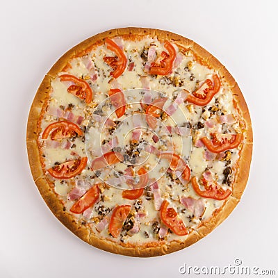 Pizza mushrooms, bacon, tomatoes, cheese on a white background. Stock Photo
