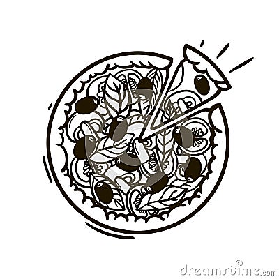 Pizza with mushrooms champignons, tomatoes, basil and olives. Fast food. Italian dish. Vector Illustration