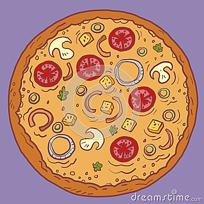 pizza mushrooms tomatoes. restaurant food delivery Vector Illustration