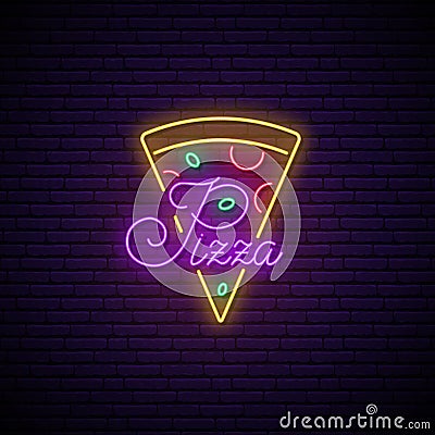 Pizza neon sign. Bright advertising signboard. Vector Illustration