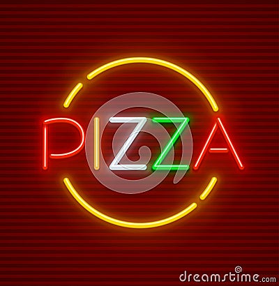 Pizza neon sign with illumination italian food Vector Illustration