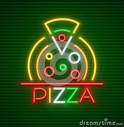 Pizza neon sign with illumination italian food Vector Illustration