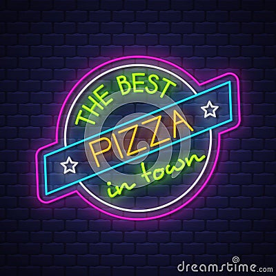 Pizza Neon Sign Vector on brick wall background Vector Illustration