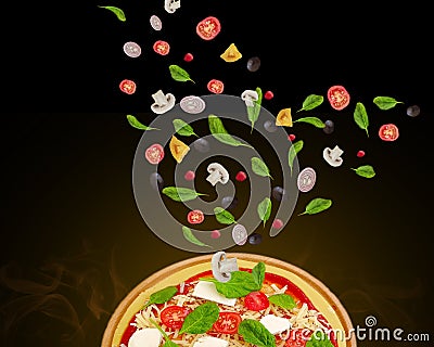 Pizza, olives tomatoes fly ingredients concept creative Stock Photo