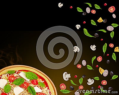 Pizza, olives tomatoes fly ingredients concept Stock Photo