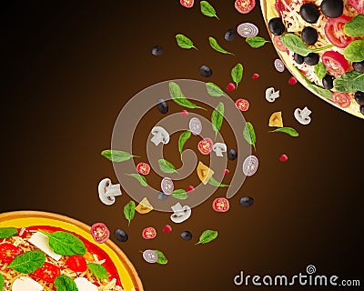 Pizza, olives tomatoes fly ingredients Stock Photo