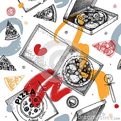 Pizza in paper box in collage style. Hand-drawn vector illustration. Fast food background. Takeaway food, delivery service. Vector Illustration