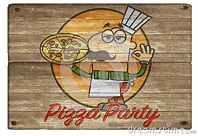 Pizza Party Cartoon Man Art Board Logo Invitation Stock Photo