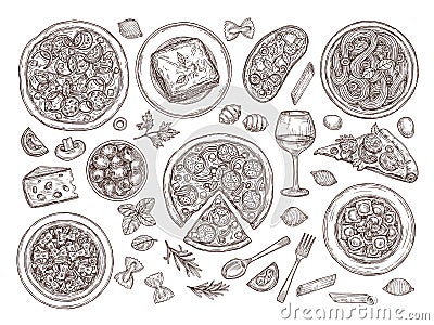 Pizza and pasta. Italian food, doodle variety dishes tomato wine. Hand drawn traditional cuisine of italy, spaghetti Vector Illustration