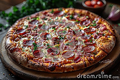 a pizza with pepperoni and ham sitting on a wooden table. Generative AI Stock Photo