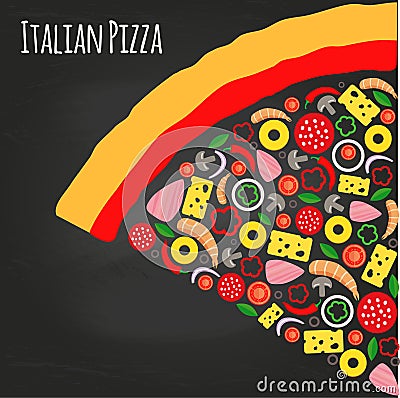 Pizza piece on the chalkboard with ingredients Vector Illustration