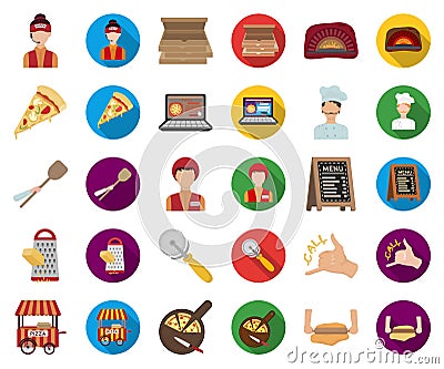 Pizza and pizzeria cartoon,flat icons in set collection for design. Staff and equipment vector symbol stock web Vector Illustration