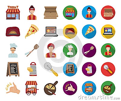Pizza and pizzeria cartoon,flat icons in set collection for design. Staff and equipment vector symbol stock web Vector Illustration