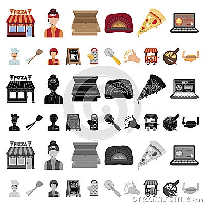 Pizza and pizzeria cartoon icons in set collection for design. Staff and equipment vector symbol stock web illustration. Vector Illustration