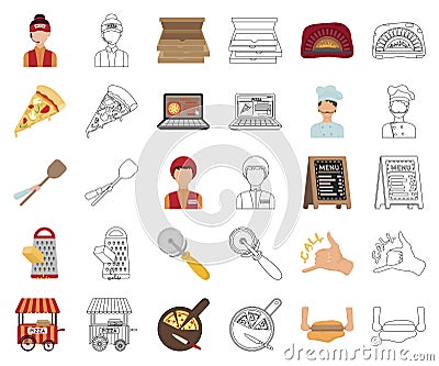 Pizza and pizzeria cartoon,outline icons in set collection for design. Staff and equipment vector symbol stock web Vector Illustration