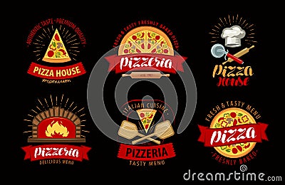Pizza, pizzeria logo or label. Elements for menu design restaurant or cafe Vector Illustration