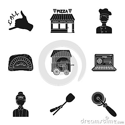Pizza and pizzeria set icons in black style. Big collection of pizza and pizzeria Vector Illustration