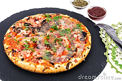 Pizza prosciutto with mushrooms and ham Stock Photo