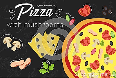 Pizza recipe. Flat style illustration. Pizza on chalkboard background Cartoon Illustration