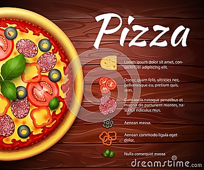 Pizza recipe vector background with ingredients Vector Illustration