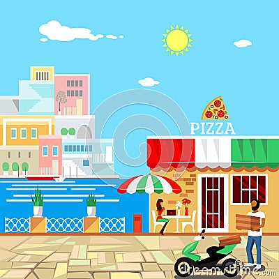 Pizza restaurant building with terrace Cartoon Illustration