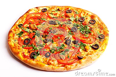 Pizza with salami, tomatoes, paprika and mushrooms Stock Photo