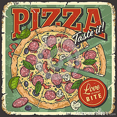 Pizza salami vintage flyer colorful Vector Illustration