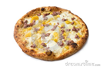 Pizza with sausage, potatoes and mozzarella Stock Photo