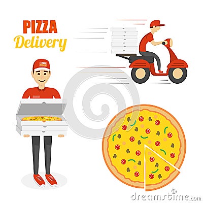 Pizza, scooter motorcycle and delivery boy. Fast delivery concept Vector Illustration