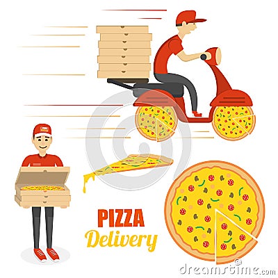 Pizza, scooter motorcycle and delivery boy. Fast delivery concept Vector Illustration