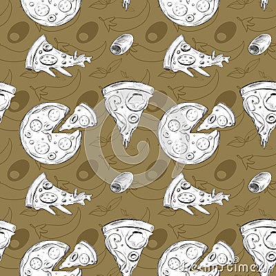 Pizza seamless doodle sketch pattren on a brown background. Print for banners, wrapping paper, posters, cards, invitations, fabric Stock Photo