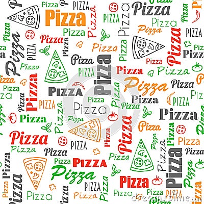 Pizza seamless pattern with doodles and text Stock Photo