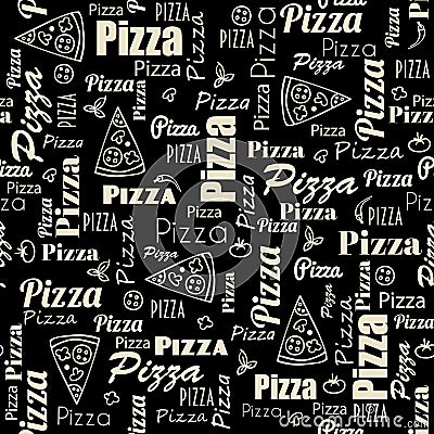 Pizza seamless pattern with doodles and text Vector Illustration