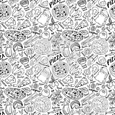 Pizza seamless pattern hand drawn sketch. Pizza Doodles Food background with flour and other food ingredients, oven and kitchen to Vector Illustration