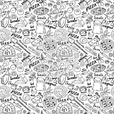 Pizza seamless pattern hand drawn sketch. Pizza Doodles Food background with flour and other food ingredients, oven and kitchen to Vector Illustration