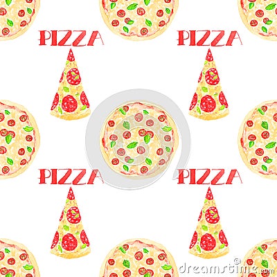 Pizza. Seamless pattern with italian pizzas. Hand Stock Photo