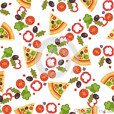 Pizza seamless pattern vector illustration piece slice pizzeria food menu snack on white background ingredient deliver Vector Illustration