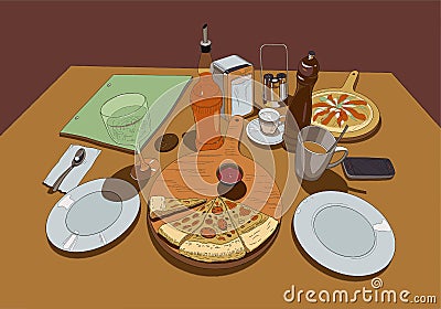 Pizza on a served table, vector color drawing Vector Illustration